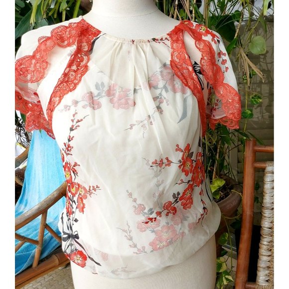 Vintage Tracy Reese 100% Silk Top Orange Flowers and Lace sz 8. New w/Tag - Picture 6 of 11